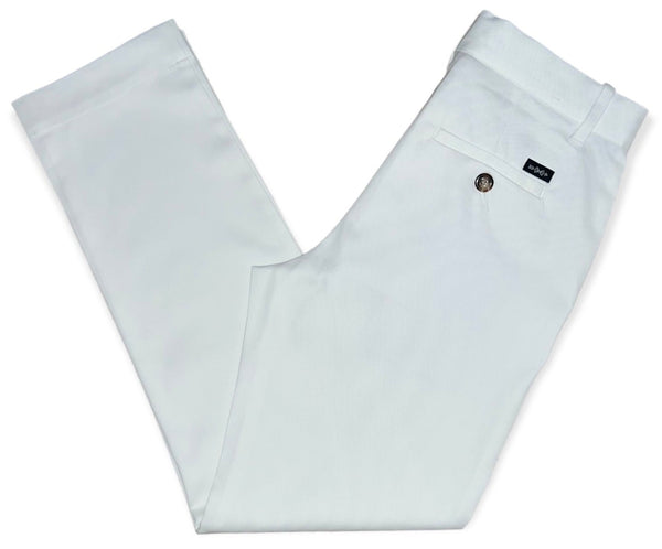 Brown Bowen & Company Palmetto Pants come in white, folded neatly and featuring a rear pocket with a button closure and a small black label above it, all crafted using Chilled Cotton® technologies to ensure ultimate comfort.