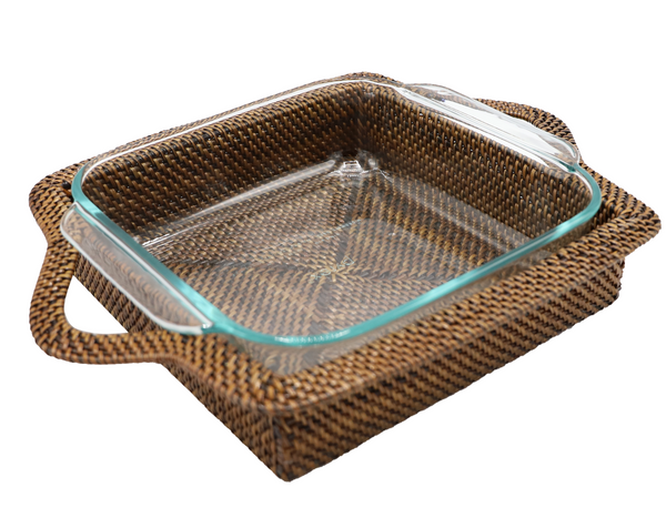 Handmade wicker basket with an integrated glass dish, crafted from South Pacific water vines. Square Baker with Pyrex Insert by Calaisio.