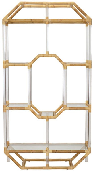 Selamat Acrylic and Rattan Etagere with a geometric, open-frame design featuring multiple shelves, an octagonal central frame, and accents of acrylic for a touch of modern flair.