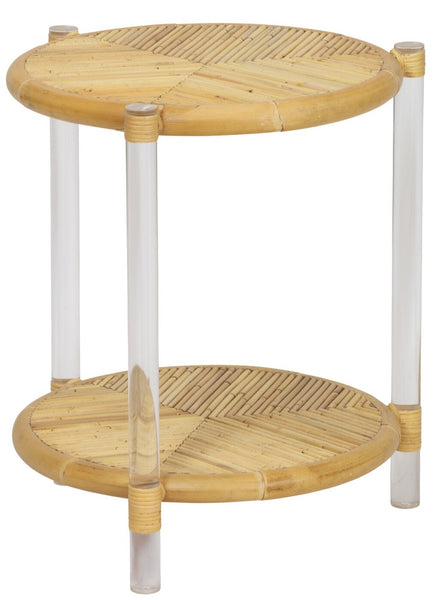 The Acrylic and Rattan Side Table by Selamat, featuring inlaid rattan detailing and transparent cylindrical plastic legs, embodies the relaxed elegance of Sea Cliff.