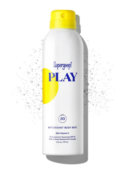 A bottle of Supergoop! Play Antioxidant Mist with Vitamin C SPF 50 sunscreen spray.