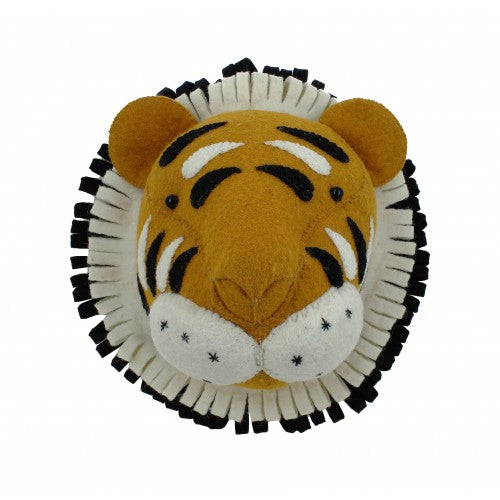 The Fiona Walker Tiger Head Wall Decoration - Mini, featuring black, white, and orange felt details on a circular backing with a fringed edge, is the perfect addition to a children's room or safari-themed decor.