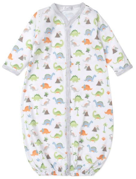 The Kissy Kissy Dino Frontier Convertible Gown by Kissy Kissy is a white infant sleeping bag crafted from Pima Cotton and decorated with colorful dinosaur prints in green, orange, and blue. It features long sleeves with mitten cuffs and a convenient front zipper.