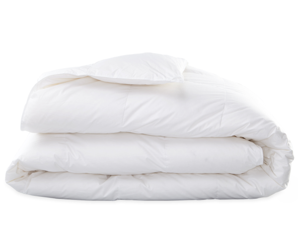 A neatly folded Matouk Valletto Goose Down Comforter Summer Weight with an accompanying Deluxe goose down white pillow placed on top.