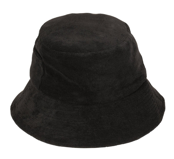 The Lack of Color Wave Terry Bucket Hat from the renowned brand Lack of Color is a black, cotton terry cloth bucket hat with a wide brim and soft material, offering UPF Rating 50+ for excellent sun protection.